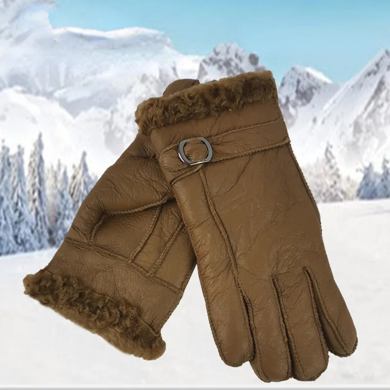Five Fingers Gloves Fur Integrated Gloves Winter Men's Warm Sheepskin Wool Fivefinger Thickened Wind and Cold Outdoor Riding Leather Gloves 23100
