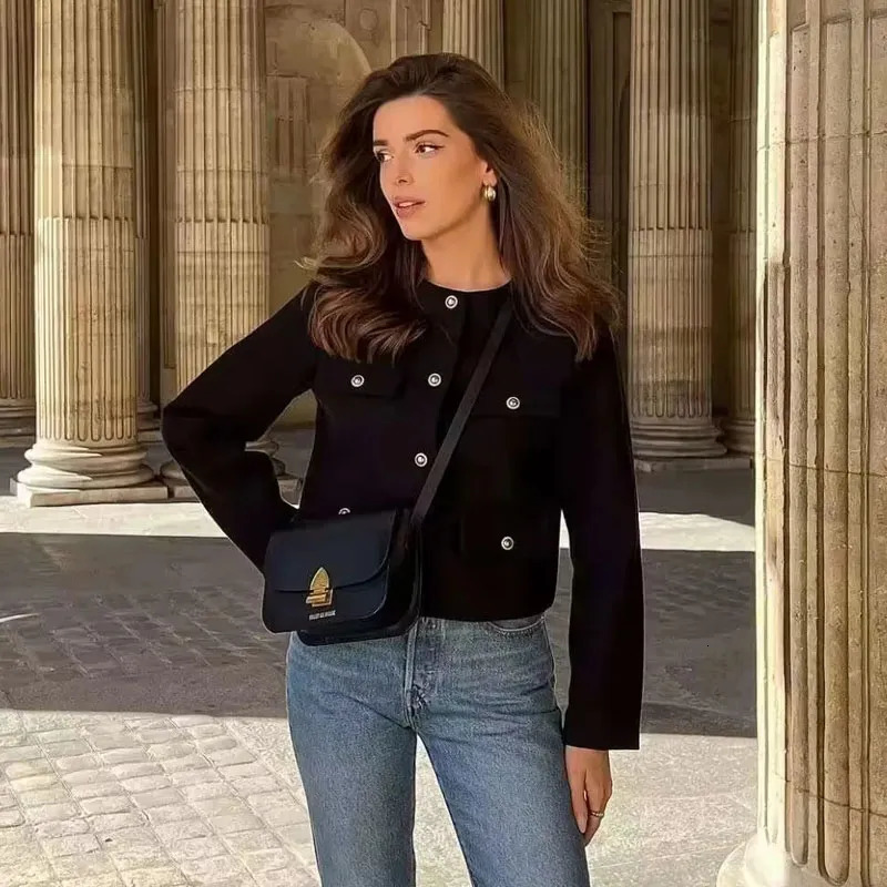 Women's Jackets TRAF Tweed Bomber Coat Demi-Season Jacket For Women Long Sleeve Top O-Neck Outerwear In Coats Chic And Elegant Woman Coat 231006