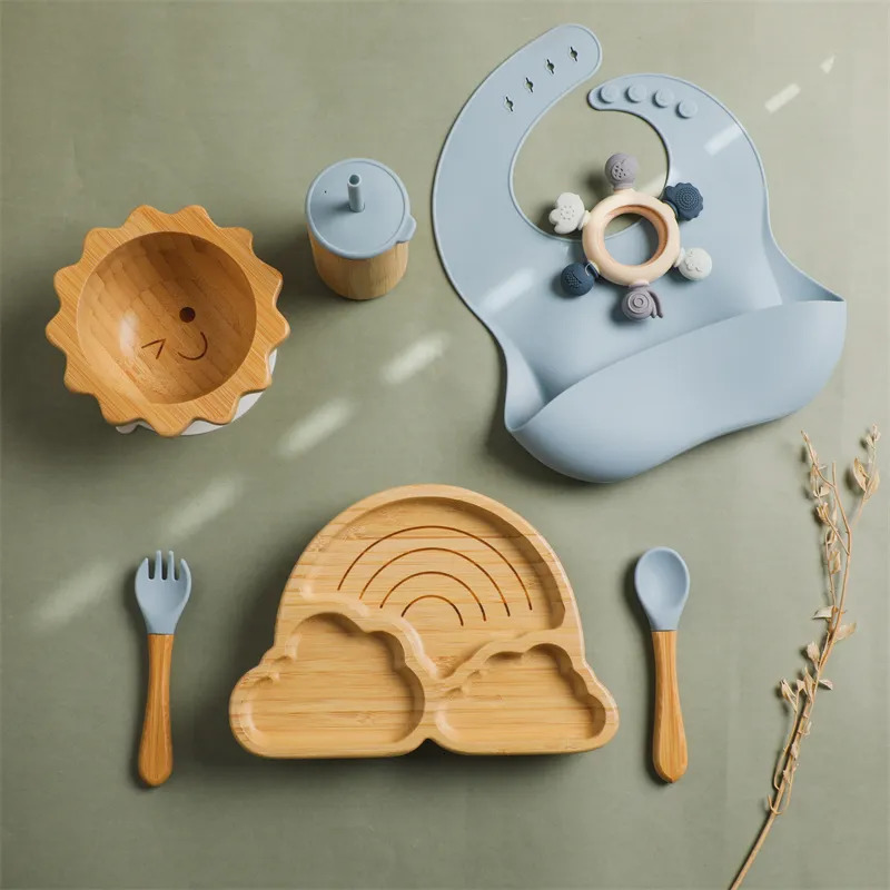 Cups Dishes Utensils 7pcs Silicone Baby Feeding Set Baby Feeding Supplies Kids Bamboo Dinnerware With Cup Children's Dishes Bowl Stuff Tableware 