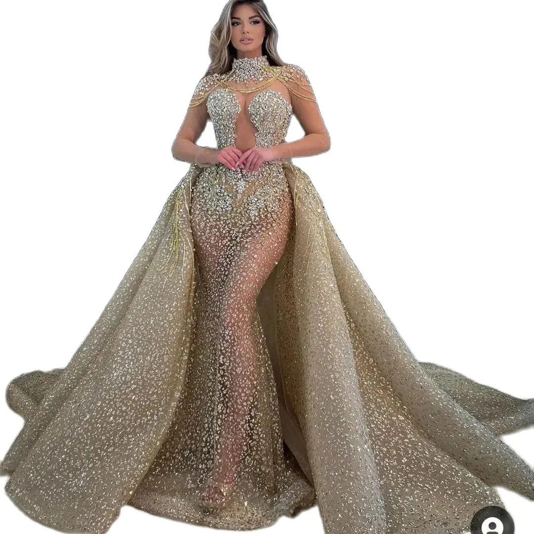 High Neck Elegant Mermaid Wedding Dress Sparking Sequined Saudi Arabic Sleeveless See Through Bridal Gown Custom Made