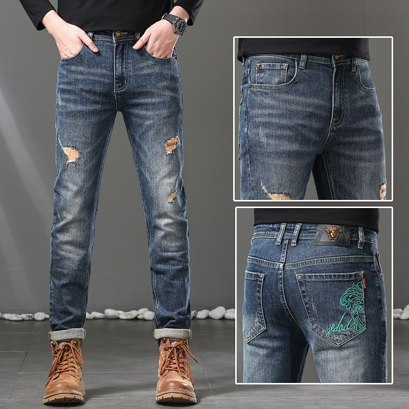 New JEANS Pants pant Men's trousers Stretch Autumn winter DDicon Embroidered close-fitting jeans cotton slacks washed straight business casual CQ