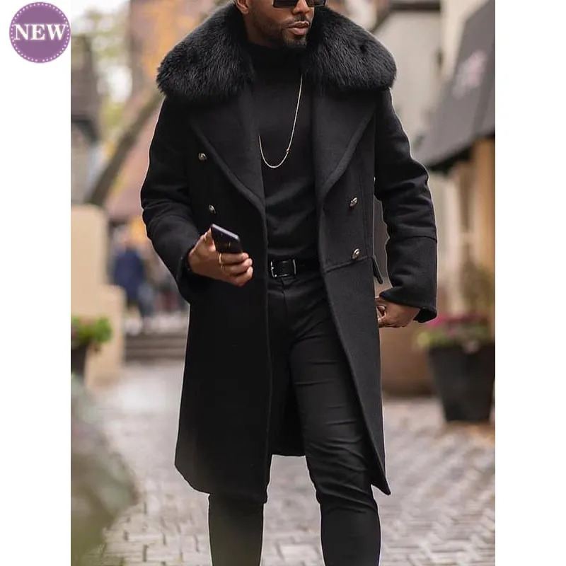 Men's Wool Blends Casual Woolen Coat Fall Winter Fashion Slim Double Breasted Young Men Solid Color Coat Fur Collar Men's Top 231006