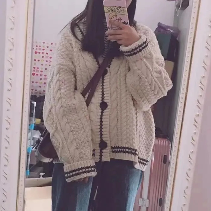 Women's Knits Tees Beige Star Cute College Single Breasted Sweater Women Autumn Korean Woman Sweaters Contrast Color V-neck Knitted Cardigan 2310