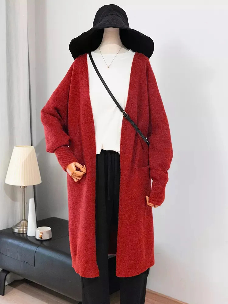 Women's Knits Tees Women Solid Color Loose Thick Warm Sweater Cardigan Pocket Ladies Spring Autumn V Neck Knitted Coat Female Casual Tops C-124 2