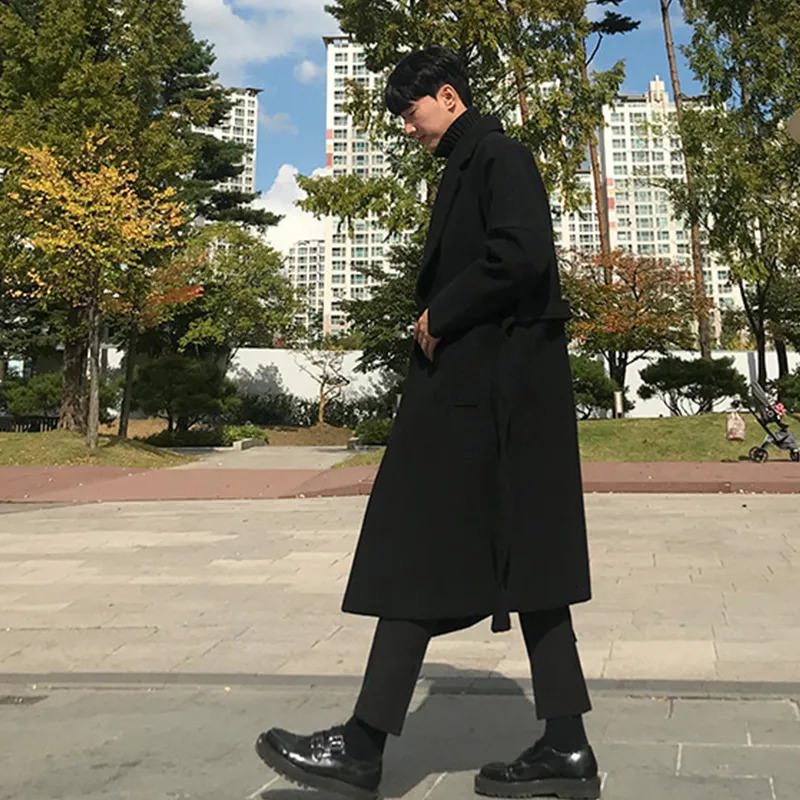 Men's Wool Blends Men Black Wool Blends Coats Vintage Japan Style Loose Sashes Casual Harajuku Outwear Over Knees All-match Thickening Warm Korea