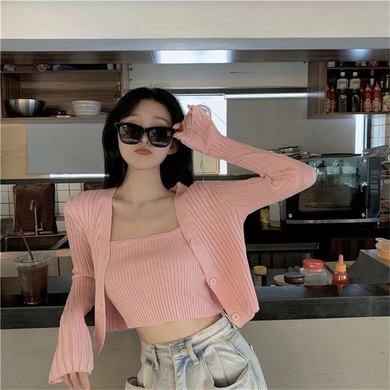 Women's Knits Tees Korean Style Two Piece Set Cardigan Women Sexy Autumn Candy Color Long Sleeve Ribbed Knitted Cropped Sweater and Matching Vest