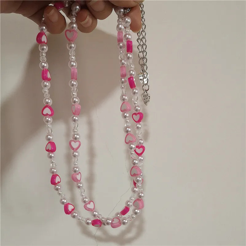 Chokers Goth Candy Color Pink Pearl Peach Heart Beaded Necklace For Female Harajuku Cute Egirl Party Y2K Jewelry Accessory Gift 231006