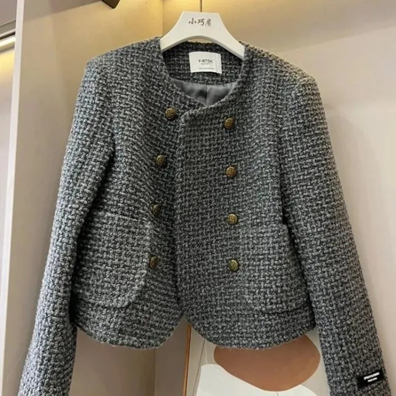 Women's Jackets Grey Fashion Double Breasted Short Suit Coat Women's Autumn Fashion Wearing Thick Tweed High Grade Celebrity Female Top 2310