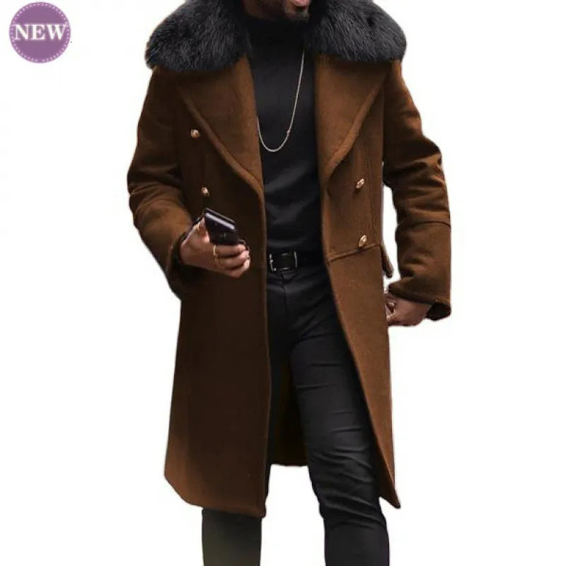 Men's Wool Blends Casual Woolen Coat Fall Winter Fashion Slim Double Breasted Young Men Solid Color Coat Fur Collar Men's Top 231006
