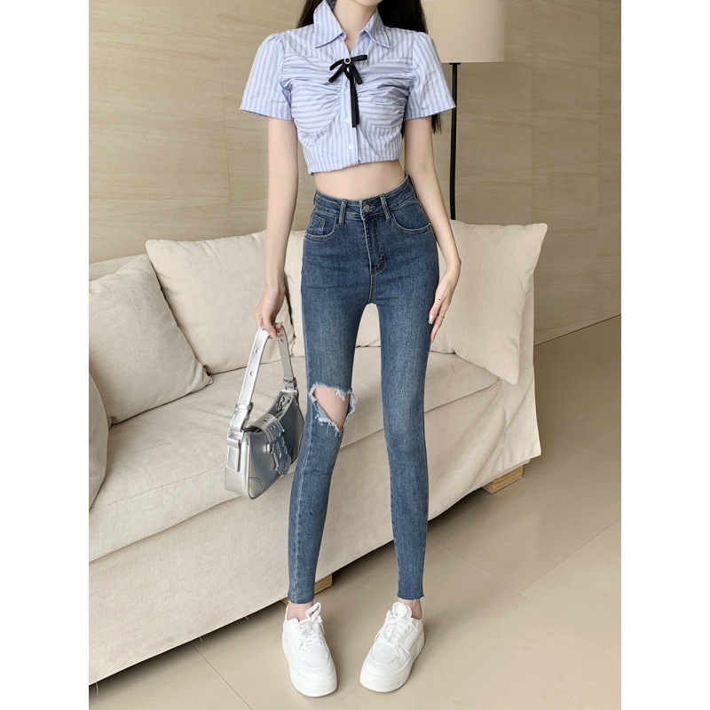 Women's Pants Capris 2023 Summer and Autumn High Waist Hyunya Rotten Hole Jeans for Women's Tight and Slim Cropped Leggings Trend 231006