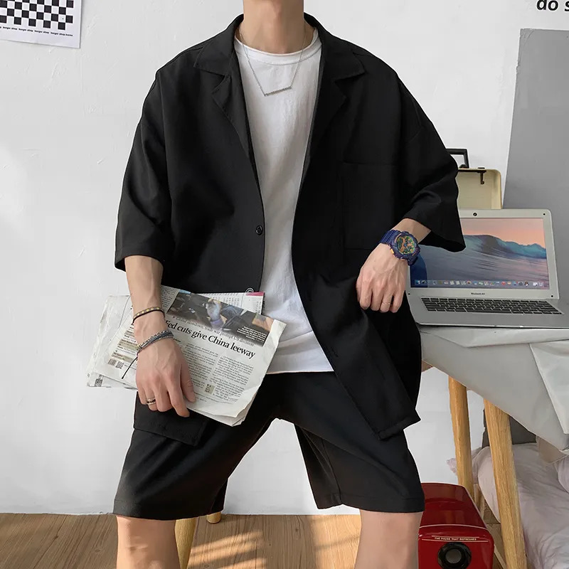 Men's Tracksuits Korean Style Men's Set Suit Jacket and Shorts Solid Thin Short Sleeve Top Matching Bottoms Summer Fashion Oversized Short S