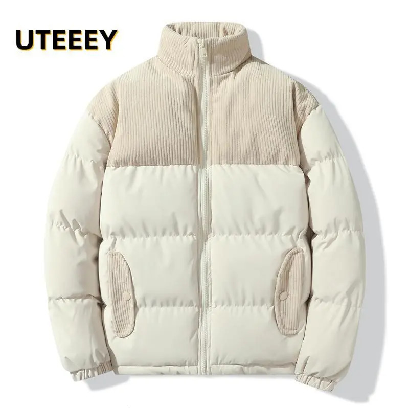 Men's Down Parkas 2023 Winter Jackets For Men Corduroy Patchwork Cotton Padding Outdoor Casual Stand Collar Loose Male Overcoat Coats 231005