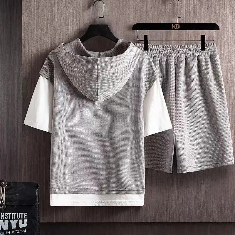 Men's Tracksuits Summer Men's Fashion Waffle Short Sleeve T-shirt Two-Piece Men's Casual Comfort Large Size High-Quality Sports Set 5XL