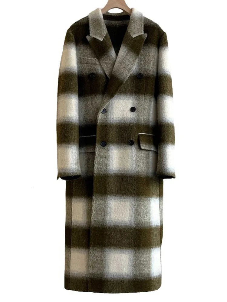 Women's Wool Blends UCXQ vintage contrast color black white plaid notched double breasted woolen coats casual loose long sleeve jacket autumn 231