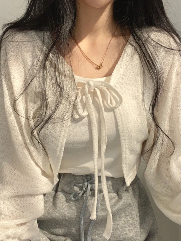 Women's Knits Tees Thin White Cardigan Women Summer Sunscreen Lace-up Knitwear Tops Lady Korean Style Casual Lantern Sleeve Short Sun Protected T