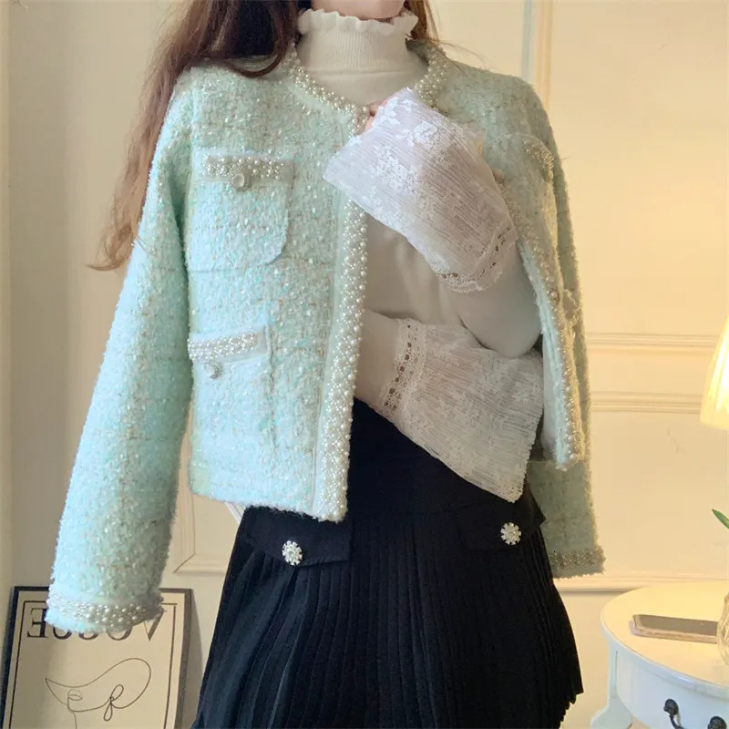 Women's Jackets High Quality Retro Small Fragrant Wind Beaded Tweed Short Jacket Coat Female Fashion O-Neck Long Sleeve Office Ladies Outerwear 2