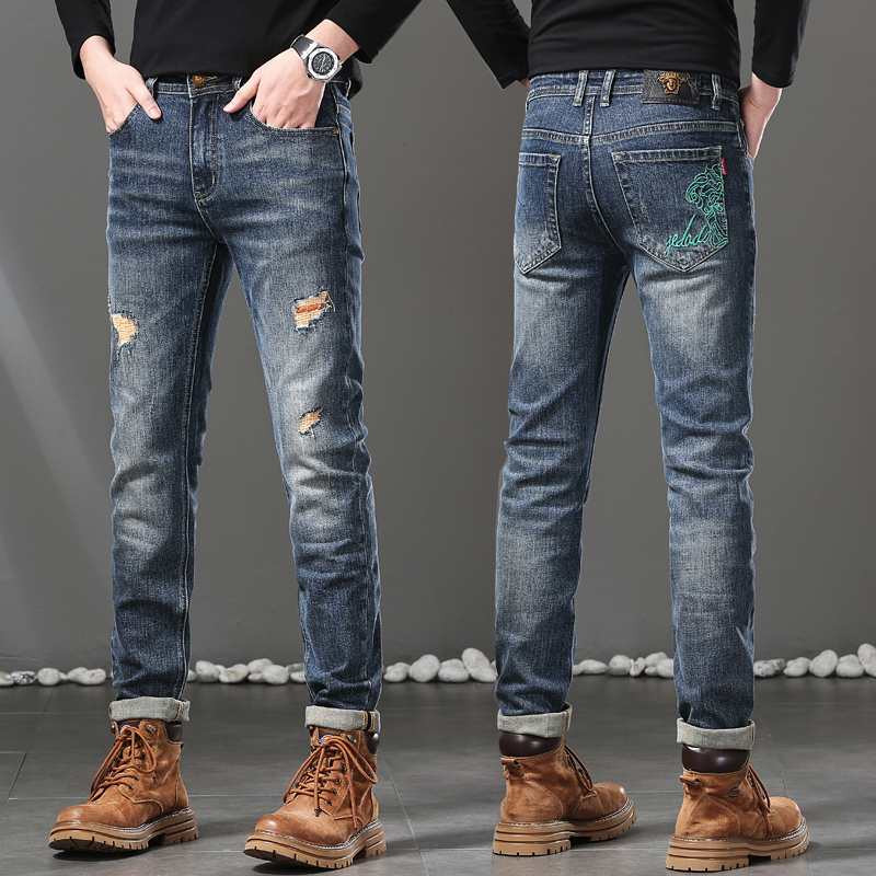 New JEANS Pants pant Men's trousers Stretch Autumn winter DDicon Embroidered close-fitting jeans cotton slacks washed straight business casual CQ