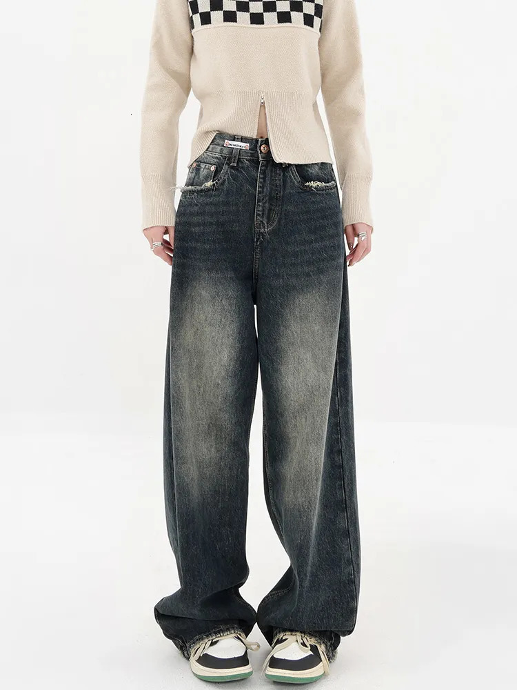 Womens Jeans American High Street Deep Blue Wide Leg Summer Slim Loose Straight Pants Waist befree plus size 231005
