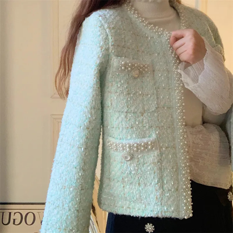Women's Jackets High Quality Retro Small Fragrant Wind Beaded Tweed Short Jacket Coat Female Fashion O-Neck Long Sleeve Office Ladies Outerwear 2