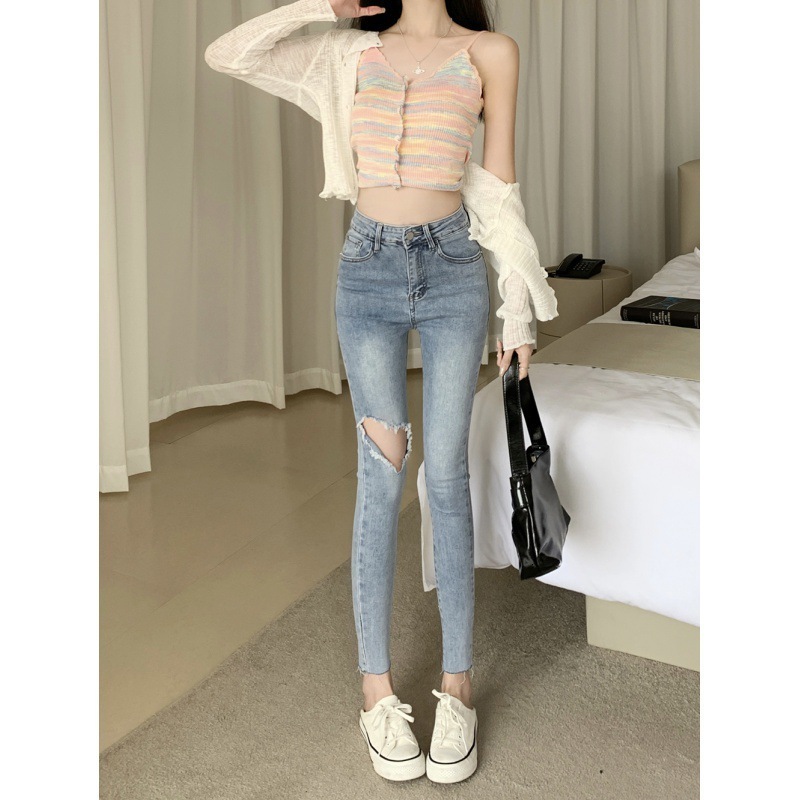 Women's Pants Capris 2023 Summer and Autumn High Waist Hyunya Rotten Hole Jeans for Women's Tight and Slim Cropped Leggings Trend 231006