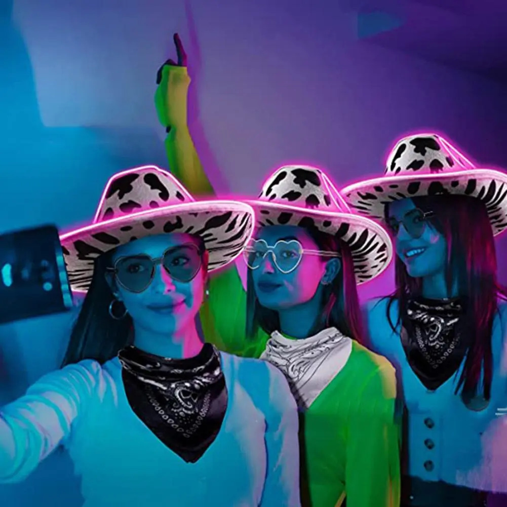 Wide Brim Hats Bucket Hats Light Up Cowboy Hat For Women Pink Holographic Space Cowgirl Hat White LED Cowboy Hat Western Cowboy Hat Costume Accessorie