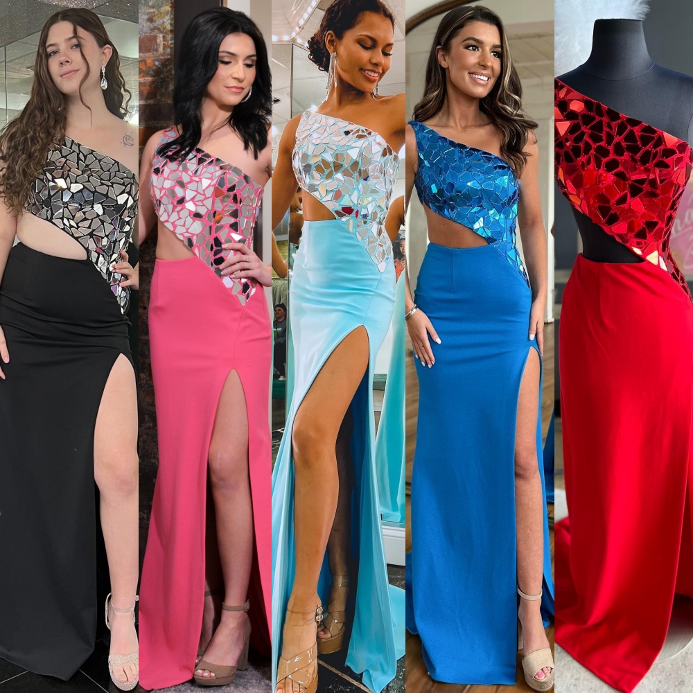 One-Shoulder High-Slit Long Prom Dress 2k24 Cut Out Cut Glass Mirror Lady Preteen Girl Pageant Gown Formal Party Wedding Guest Red Capet Runway Hoco Aqua Peacock Pink