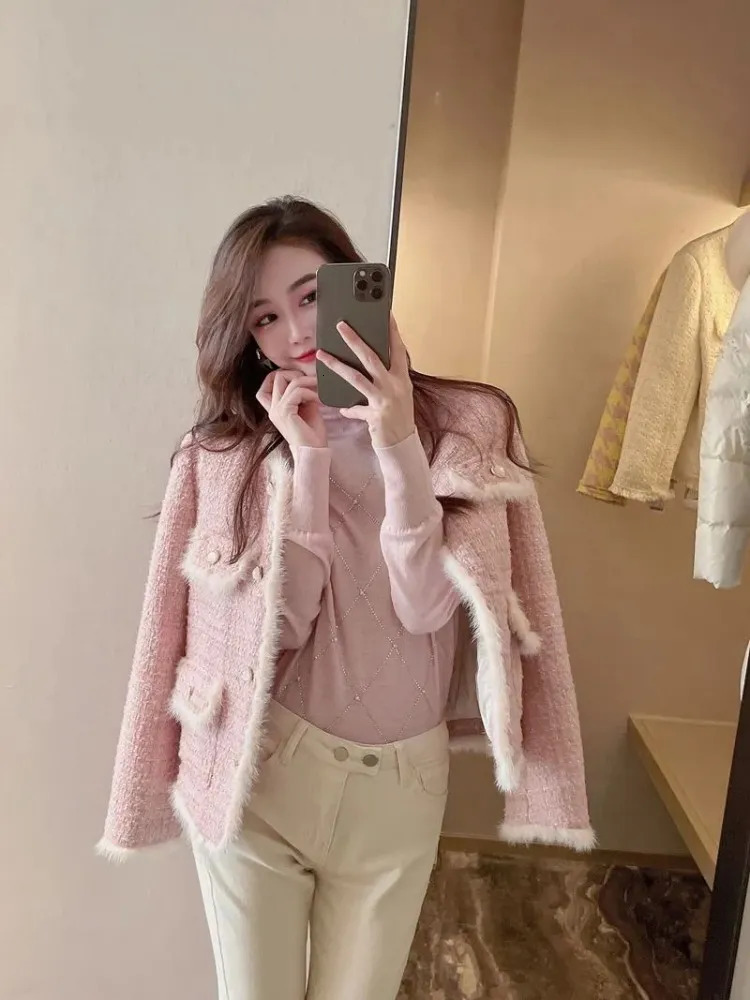 Women's Jackets Elegant Pink Single-breasted Spliced Fur Plaid Tweed Short Coat Korean Fashion O-collar Outwear Casual Loose Long Sleeve Jackets 