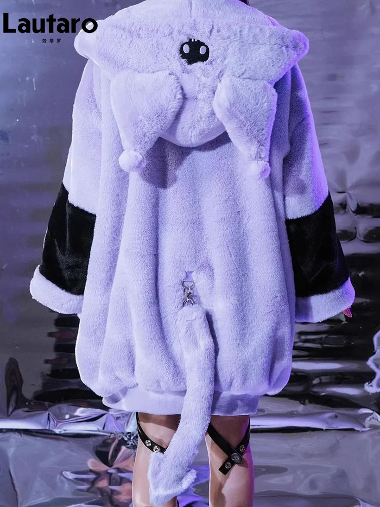 Women's Fur Faux Fur Lautaro Autumn Winter Oversized Color Block Faux Fur Coat Women Harajuku Kawaii Sweet Cute Fluffy Jacket Hoodie with Bunny E