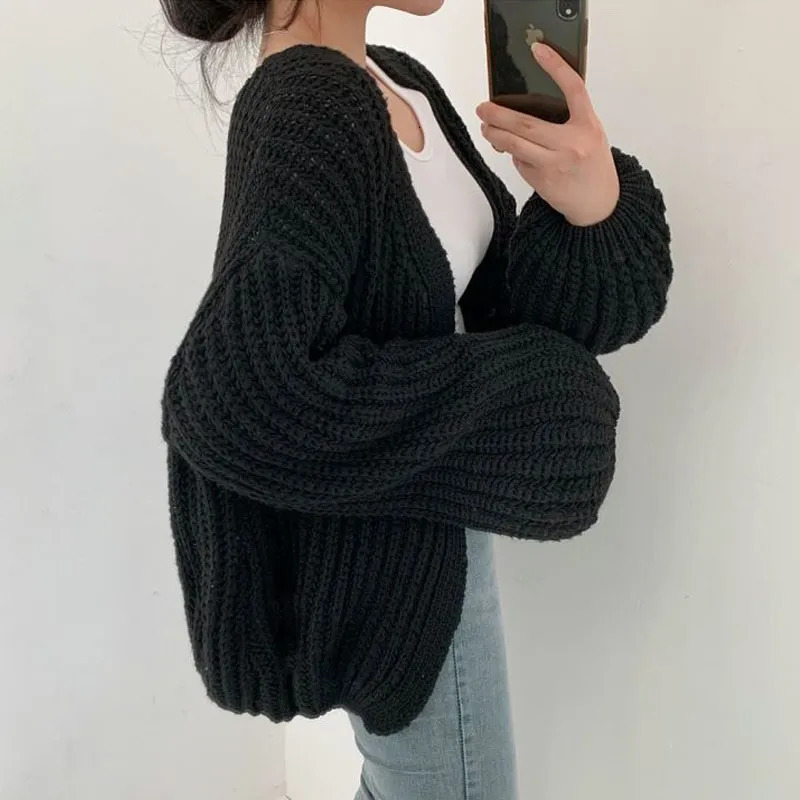 Women's Knits Tees Women Cardigan Knitted Sweater Women Casual Korean Vintage Harajuku Lantern Sleeve Autumn Tops Coat Lazy Wind Y2k Sweater 2332