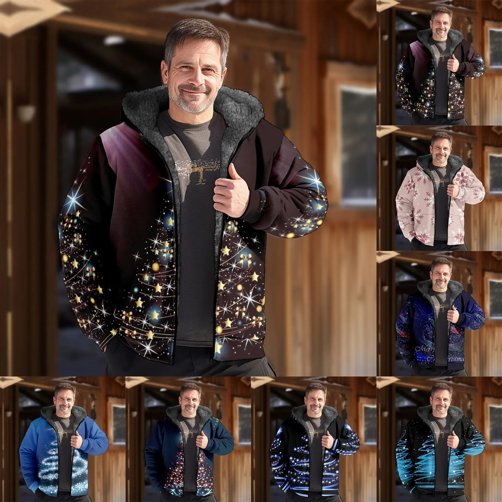 Men's Down Parkas Christmas Print Jacket Stylish Men Plush Lining Dressing Temperament Windproof Fleeced Lined Windbreaker Coat 231005