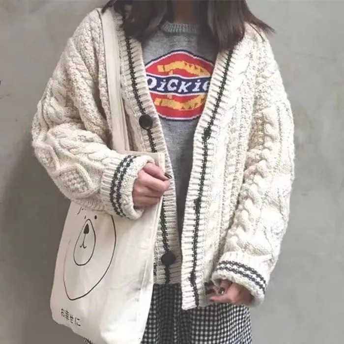 Women's Knits Tees Beige Star Cute College Single Breasted Sweater Women Autumn Korean Woman Sweaters Contrast Color V-neck Knitted Cardigan 2310