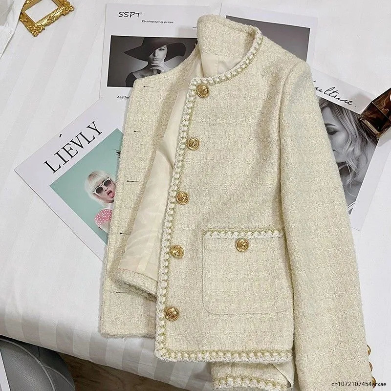 Women's Jackets Elegant Spring Autumn Round Neck Woolen Coats Women Korean Fashion Office Lady Coats Beige Chic Button Short Tweed Jacket 231006