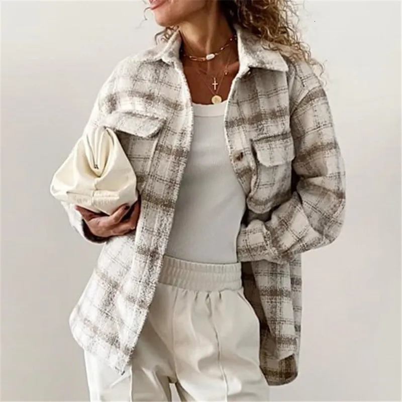 Women's Jackets Oversize Tweed Plaid Jackets Autumn Ladies Soft Coats Women Fashion Elegant Girls Chic Pocket Tops Outerwear Streetwear Pop 23100