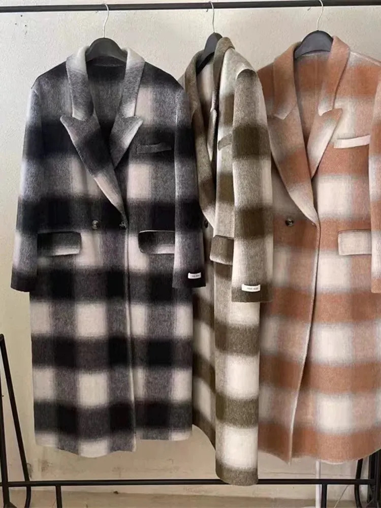 Women's Wool Blends UCXQ vintage contrast color black white plaid notched double breasted woolen coats casual loose long sleeve jacket autumn 231