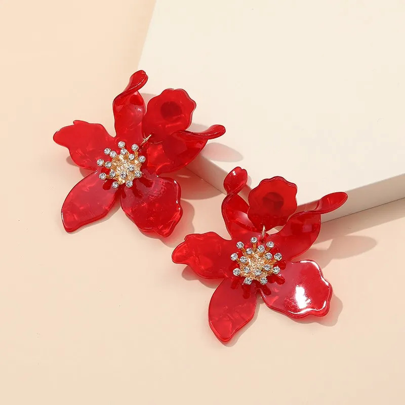 Charm Long Resin Acrylic Flower Earrings for Women Trendy Jewellery Big Rhinestone Drop Earrings Korean Fashion Wedding Gifts 231006