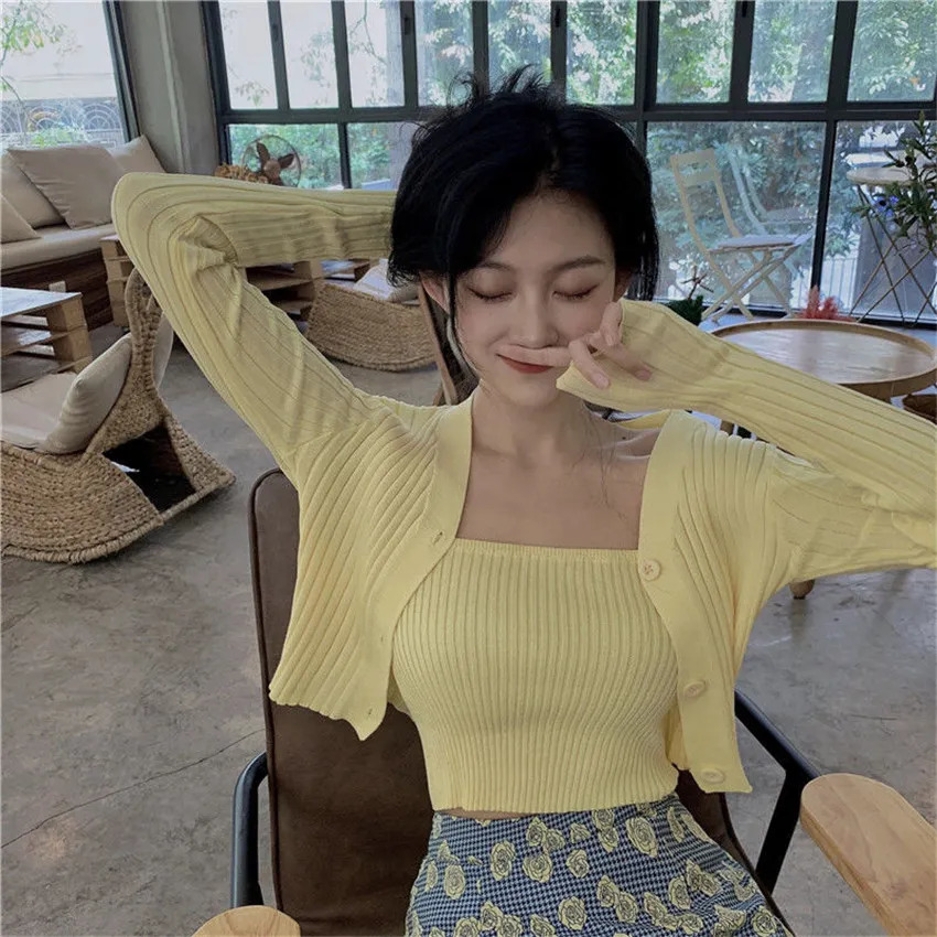 Women's Knits Tees Korean Style Two Piece Set Cardigan Women Sexy Autumn Candy Color Long Sleeve Ribbed Knitted Cropped Sweater and Matching Vest