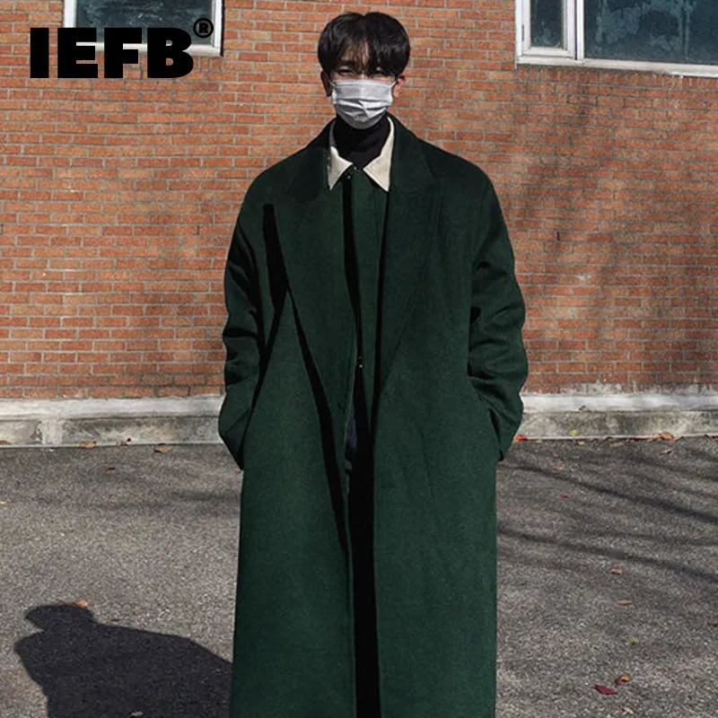 Men's Wool Blends IEFB Long Woolen Coat Men Autumn Winter Korean Fashion Loose Thick Trench Solid Color Over Knee Male Jacket 9A6518 231006
