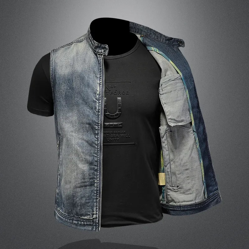 Men's Vests Spring And Autumn Sex StandUp Collar Cowboy Vest Men Simple Retro Trend Denim Vest Men Cowboy Vest Men 231005