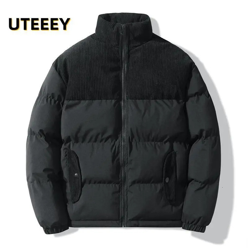 Men's Down Parkas 2023 Winter Jackets For Men Corduroy Patchwork Cotton Padding Outdoor Casual Stand Collar Loose Male Overcoat Coats 231005