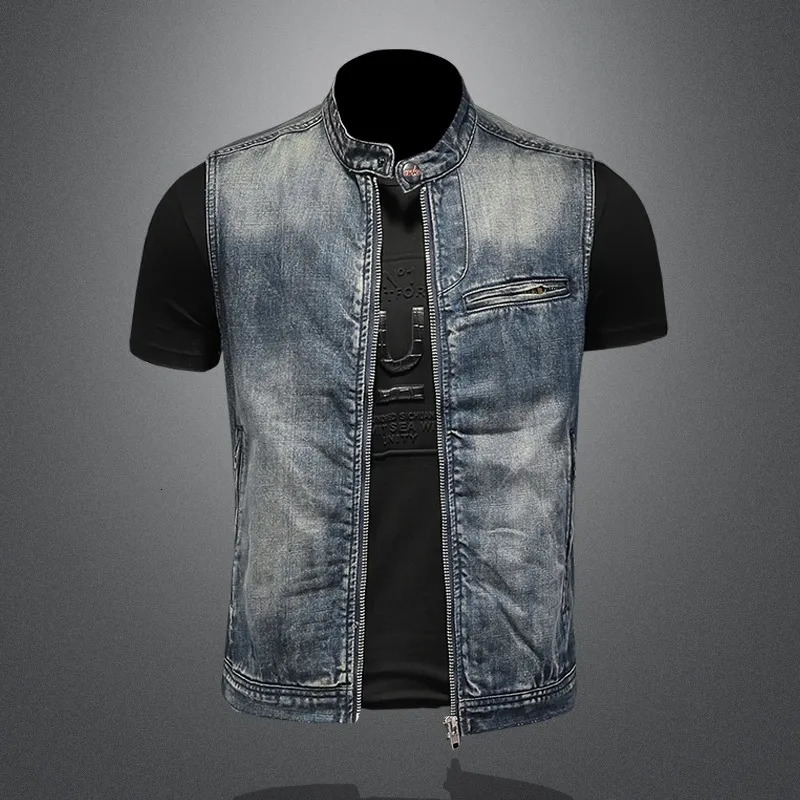 Men's Vests Spring And Autumn Sex StandUp Collar Cowboy Vest Men Simple Retro Trend Denim Vest Men Cowboy Vest Men 231005
