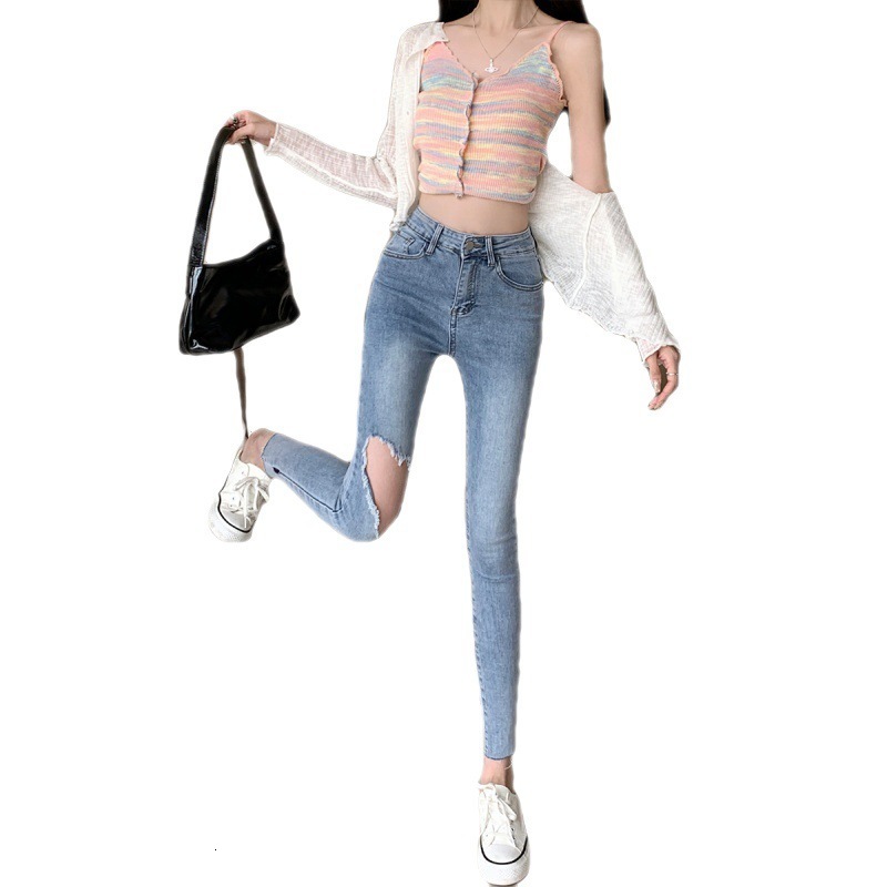 Women's Pants Capris 2023 Summer and Autumn High Waist Hyunya Rotten Hole Jeans for Women's Tight and Slim Cropped Leggings Trend 231006
