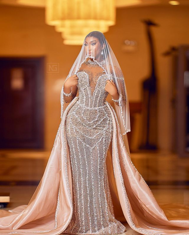 2023 Oct Arabic Aso Ebi Plus Size Champagne Mermaid Wedding Dress For Bride Pearls Beaded Sequined Lace Bridal Gowns Dresses ZJ045