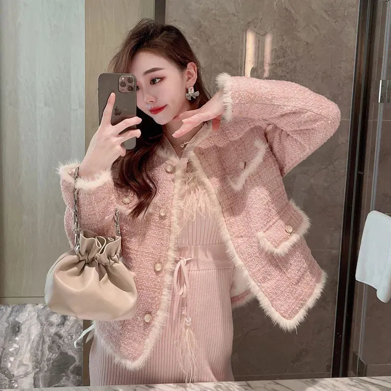 Women's Jackets Elegant Pink Single-breasted Spliced Fur Plaid Tweed Short Coat Korean Fashion O-collar Outwear Casual Loose Long Sleeve Jackets 