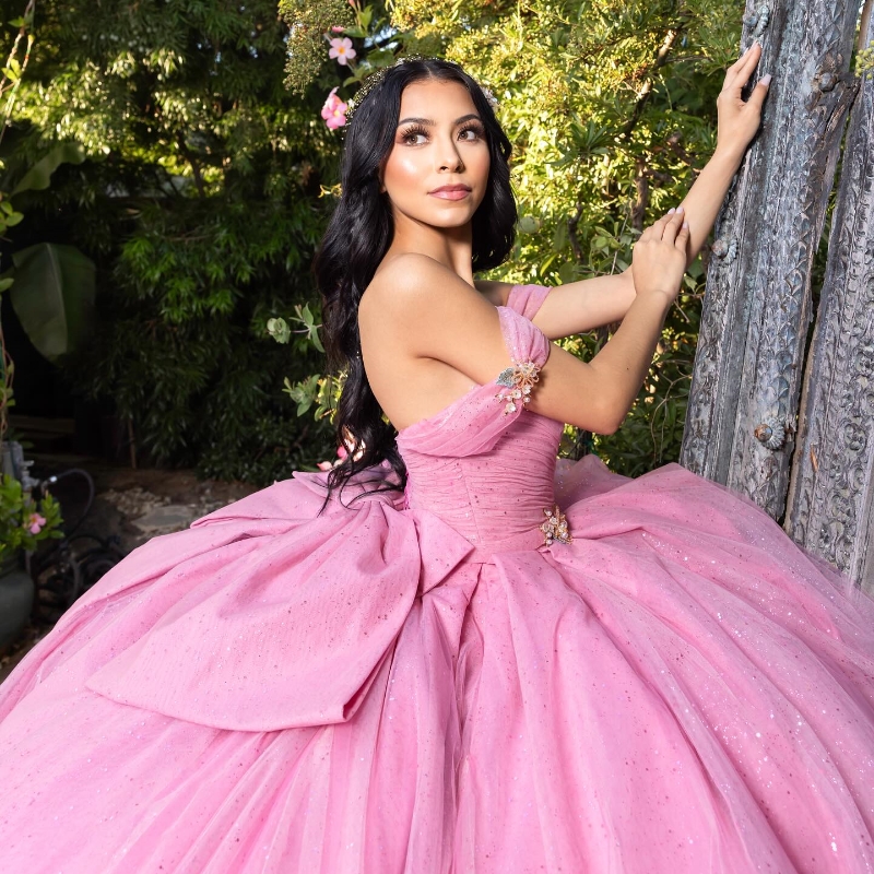 Pink Shiny Tulle Sweetheart Quinceanera Dresses Off The Shoulder Beads Lace Bow Ball Gown Sweet Sixteen Dress Gowns Vestidos De 15