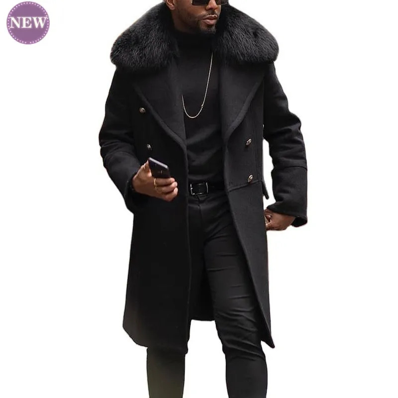 Men's Wool Blends Casual Woolen Coat Fall Winter Fashion Slim Double Breasted Young Men Solid Color Coat Fur Collar Men's Top 231006