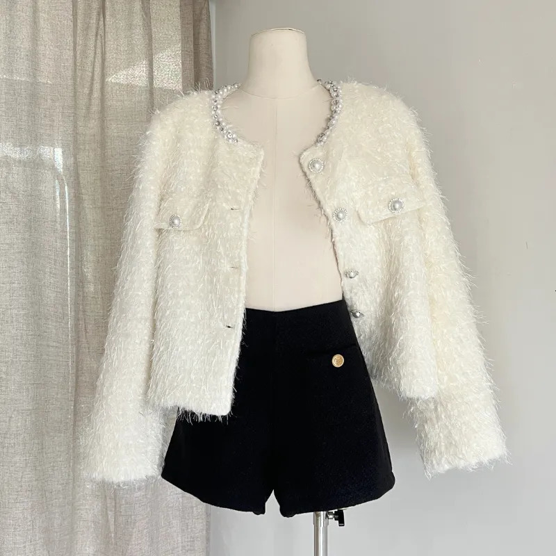 Women's Jackets French Pearl Collar White Sweet Women Coat Small Fragrance Elegant Chic Basic Korea Warm Autumn Loose Casual Winter Woolen Coat 2
