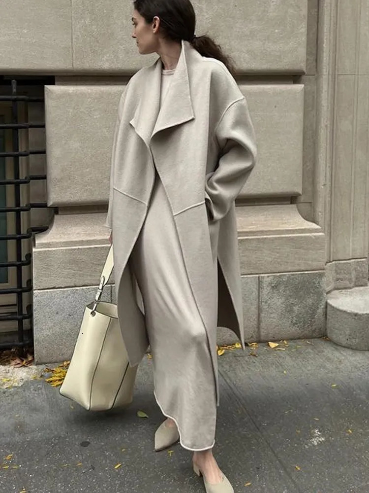 Women's Wool Blends Faux Woolen Coat Women Autumn Winter Long Overcoat Female Elegant Fashion Lapel Maxi Jacket Ladies Vintage Loose Pocket Coats