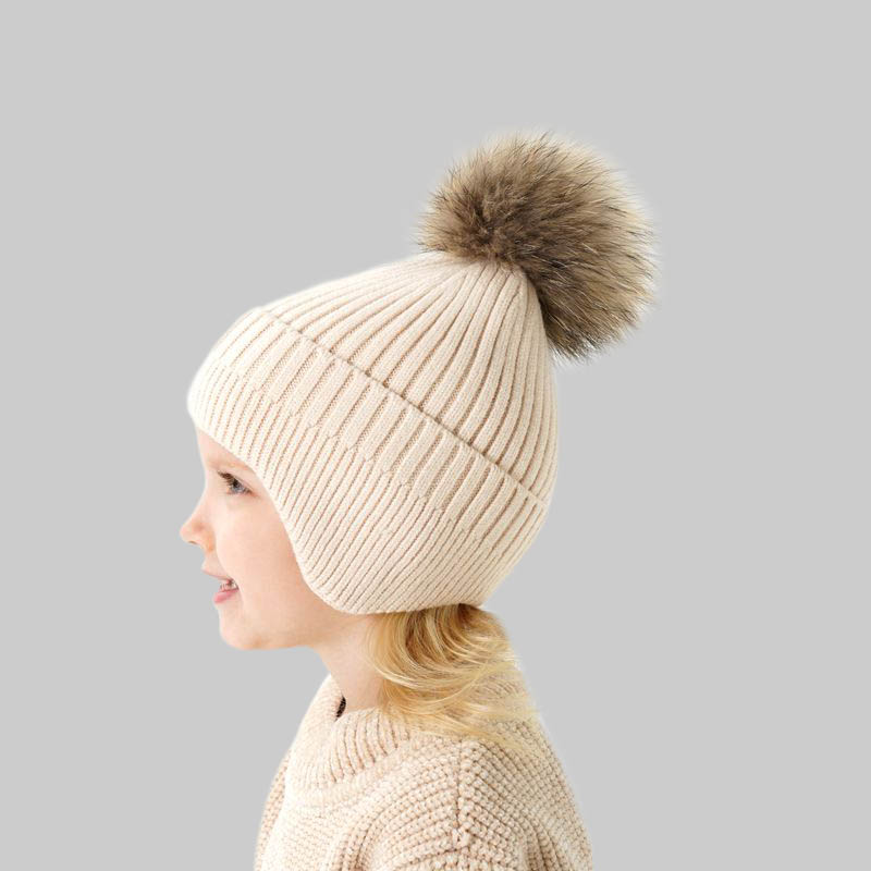 Children Winter Cap New Fashion Wool Windproof Warm EarFlaps Famous Brand Designer Cotton Cute Knitted Cashmere Kids Hat With Pompoms 2497