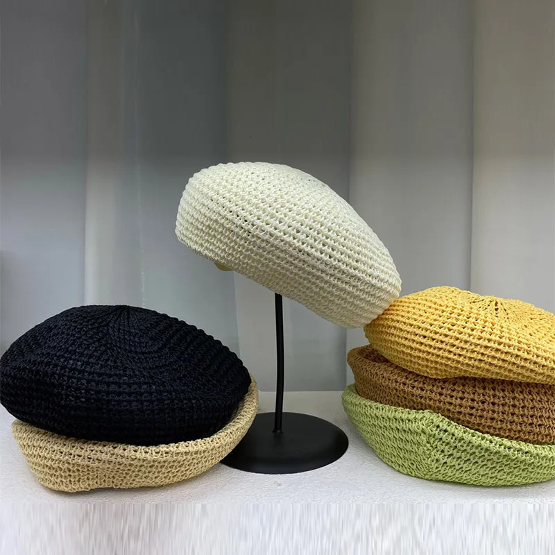 Berets Women's Berer Summer Woven Straw Beret Hat Crochet Straw Cap Sun Hat French Painter Hat Handmade Beach Hat Gift for Her 231006