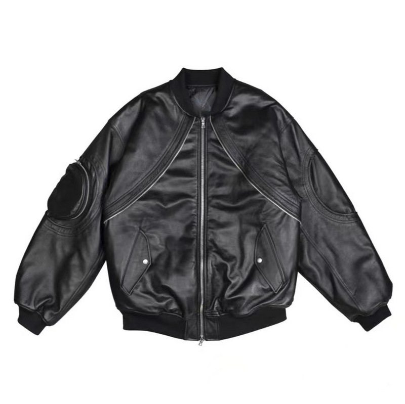 Fashion Brand Far.ARCHIVE Men Tops Loose Fitting Leather Jacket with Trendy Round Arm Curved Zipper Casual Jacket